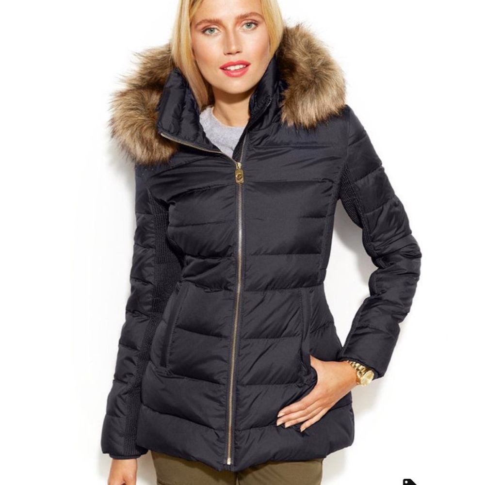 MICHAEL Michael Kors Black Puffer Jacket with Fur Trim